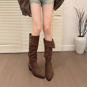 Women's Fashionable Versatile Stylish Spring Fall Slip On Chunky Heel Knee High Boots 2026 New Arrival <b>Pointed</b> <b>Toe</b> Boots - Product Image 4