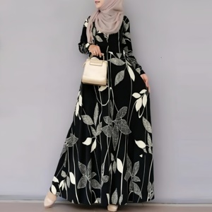 <span class=keywords><strong>Robe</strong></span> <span class=keywords><strong>longue</strong></span> décontractée pour <span class=keywords><strong>femme</strong></span> musulmane à imprimé floral, col rond, manches longues, coupe évasée, style <span class=keywords><strong>robe</strong></span> de soleil, pour les vacances au Moyen-Orient - Product Image 3