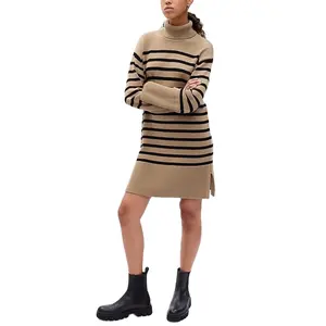 Kai qi roupas novas moda ouro preto Europa casual listra manga longa suéter vestido suéter feminino