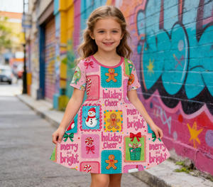 Abito Natalizio per Bambini Kouzi, Vestito in Bambù a Maniche Corte con Gonna Svasata e Stampa, Servizio di Ordine all'Ingrosso - Product Image 4