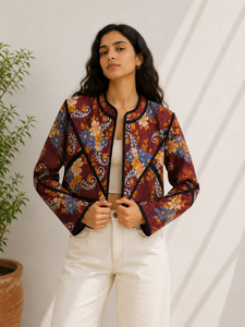 Handmade Winter Short Vintage Kantha Cropped <b>Reversible</b> <b>Jacket</b> 4-5 Layer Fabric Patchwork Detailing Stand Front Open Side - Product Image 2