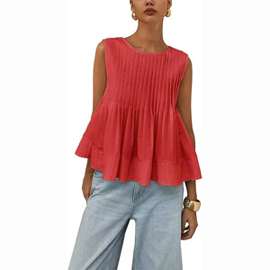 Hochwertige Sommer-Damenbluse mit Schmalpassform, Ärmellos, O-Ausschnitt, Einfach Plissiert, Gewebtes Einfarbiges Polyester-Oberteil - Product Image 4