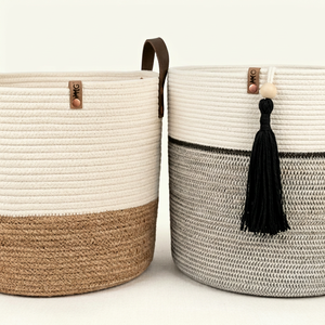 Paniers de rangement en corde nordique avec poignées, forme ronde, panier multi-usages pour l'organisation, blanc, marron, gris, design à pompons - Product Image 1