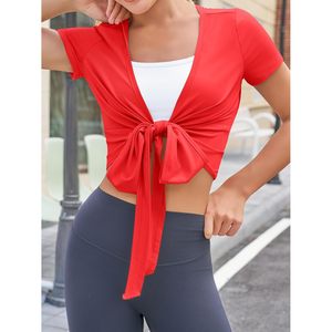 Top Corto Cruzado para Mujer, Manga Corta, Cuello en V Profundo, Camiseta para Yoga, Pilates, Ejercicio, Spandex, Poliéster, Transpirable, Informal - Product Image 3