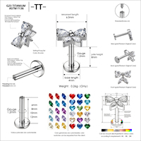 Piercing Labret en Titane ASTM F136 G23 avec Nœud Papillon et Cœur, Zircon Cubique Marquise, Filetage Interne, pour Cartilage, Tragus, Hélix