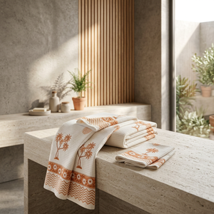 Juego de Toallas de Algodón Estilo Jaipuri, 1 Toalla de Baño y 2 Toallas de Mano, Estampado a Mano, Secado Rápido, Suaves, Ecológicas, para Baño y Viajes - Product Image 1