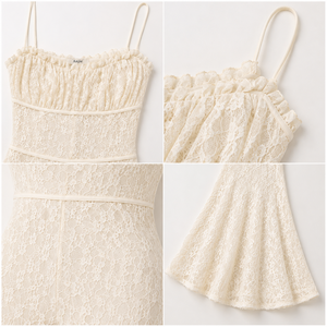 Anjie OEM ODM Womens Ivory Lace Flare Leg <strong>Jumpsuit</strong> Custom Private Label Ruffle Shirred Bust Wide Leg Romper Wholesale - Product Image 2