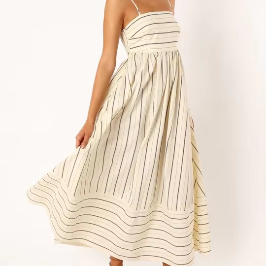 Factory Wholesale Candy Colored Striped Camisole Backless Big Swing Casual Date Travel Fresh Style Dress