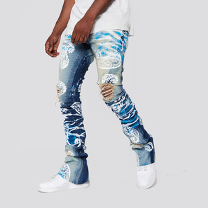 AeeDenim Diseñadores personalizados <span class=keywords><strong>Jeans</strong></span> Hombres Stacked Extendo Flared Screen Print Aguacate Slim <span class=keywords><strong>Tapered</strong></span> Denim <span class=keywords><strong>Jeans</strong></span> Hombres Pantalones largos - Product Image 4