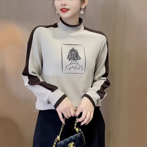 Women's Color-Blocked Turtleneck Long Sleeve Top With Printing Soft Knit Casual Loose Fit Autumn Winter Base Layer - Product Image 4
