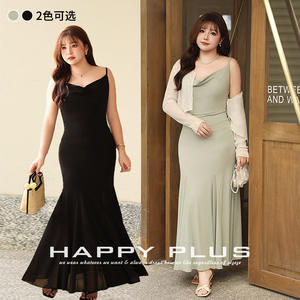 รันฉี ชุดเดรสทรงเมอร์เมดผ้าชีฟองสีดำสำหรับผู้หญิงไซส์พลัส คอแบบผูกเชือก สายรัดไหล่ ชั้นผ้าบางสีพื้น รุ่น N8876 - Product Image 3