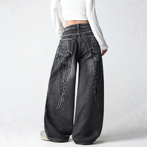 Vintage-washed Loose-fit Denim Wide-leg <strong>Trousers</strong> High Street Style Wing Embroidery Floor-length Wide-leg Denim Pants for Women - Product Image 1