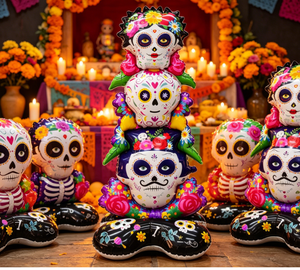 Ensemble de ballons en aluminium sur pied pour le Jour des Morts, comprenant un empilement de crânes en sucre floraux et un squelette avec guitare de mariachi, pour la décoration d'autels mexicains, de fêtes et de la maison - Product Image 5