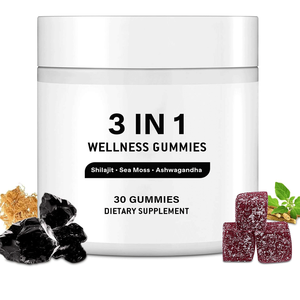 OEM/ODM 3-in-1 Wellness Sea <strong>Moss</strong> Shilajit Ashwagandha Gummies for Adults Immune Support &amp; Energy 30-count Gummy Candy - Product Image 1