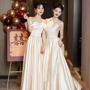 Satin Bridesmaid Dresses Champagne Color A-Line Scoop Neck Natural Waistline Simple Style For Wedding Party - Product Image 3