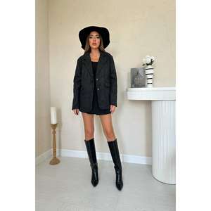 Blazer en laine rayé noir pour femme, veste tissée à manches longues pour l'automne - Product Image 6