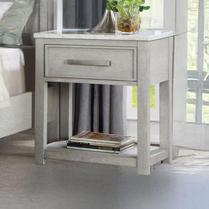Commode de chambre à coucher avec plateau en marbre et étagère ouverte, commode contemporaine gris clair avec miroir - Product Image 4