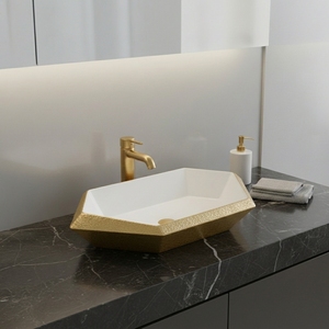 Lavabo de Cerámica Irregular Moderno con Acabado Dorado, Grifo con Manija de Palanca, Fácil de Limpiar, Sanitario para Uso en Hoteles - Product Image 1