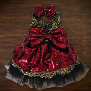 <b>Red</b> <b>Sequin</b> Dog Dress With Bow And Tulle Skirt Princess Style For Pets Winter Holiday Wear - Product Image 4