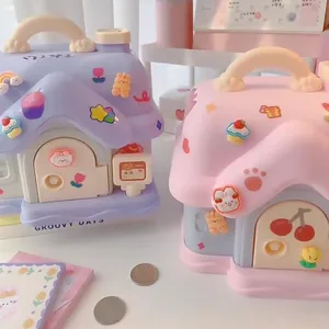 Kids coin bank cute house money box diy sticker plastic money saving box piggy banks with keys