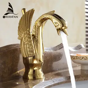 Wanfan Enkel Gat Messing Basin Sink Tap HJ-35K Luxe Swan Dek Mount Cold Hot Water Mengkraan Goud Wastafel Kraan