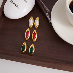 Stud Earrings 18k Gold Plated Stainless Steel Marquise Green Agate Bezel Setting For Women Gift Jewelry - Product Image 2