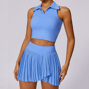 プリントスウェットウィッキング機能素材スポーツノースリーブポロシャツテニススカートタンクトップセット女性テニスウェア - Product Image 3