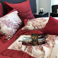 Parure de lit haut de gamme en coton sergé à fibres longues imprimé numérique motif plantes et fleurs, 120 fils, pour lit – Collection Mariage Rouge