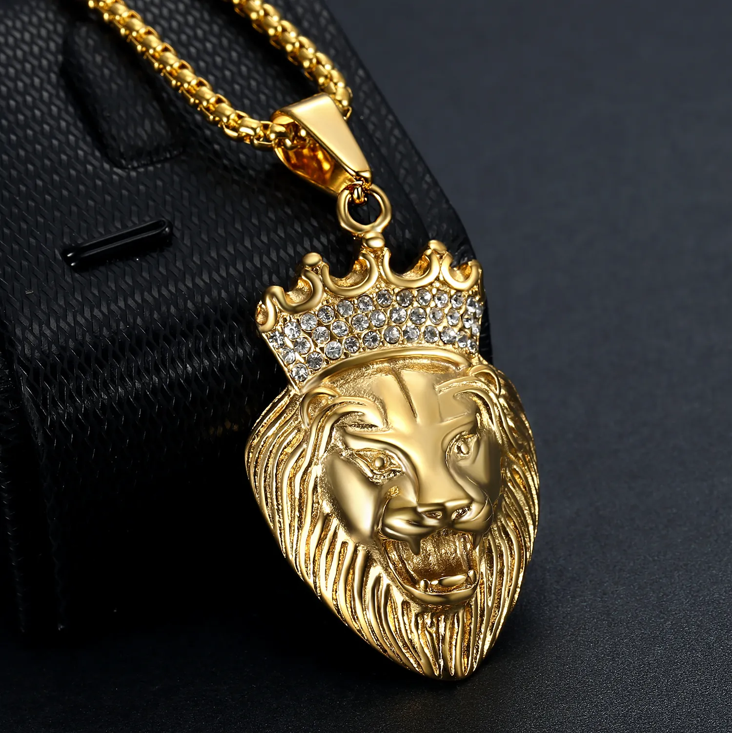 Custom jewelry pendant stainless steel silver gold iced out animal crown lion head hip hop men pendant necklace cz lion jewelry