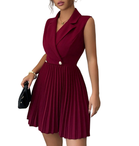 <span class=keywords><strong>Abito</strong></span> <span class=keywords><strong>Mini</strong></span> da Donna con Colletto Blazer Senza Maniche Bordeaux 2026, Doppio Petto e Pieghe, per Ufficio e Feste - Produzione ODM OEM Personalizzata - Product Image 1
