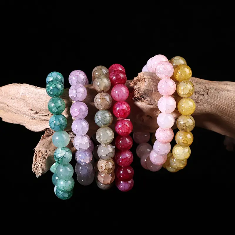 2022 New Arrival Fine Jewelry 10mm Cracked Quartz Crystal Beaded Round Glass Stretch Beads Bracelets for Women