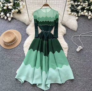 Women's Long Sleeve Round Neck Colorblock Midi Dress Asymmetrical Hem Beaded Detail Modest Loose Fit Polyester Daily Wear - Product Image 3