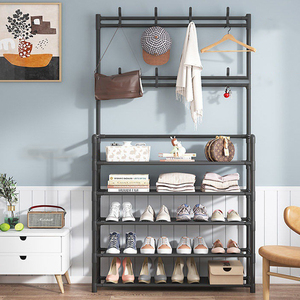 Platzsparender Kleiderbügel-Schuhschrank 4 Etagen aus Metall Schwarz Mehrschichtiges Aufbewahrungsregal für Wohnzimmer - Product Image 2
