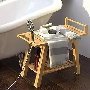 Non-Slip Aid Disability Handle Bamboo Shower Bench Stool Wooden Spa <strong>Seat</strong> 2-Tier <strong>Bathroom</strong> Organizer Shampoo Towel <strong>Storage</strong> Shelf - Product Image 3