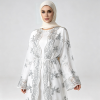 Weißes Pailletten-Besticktes Pfingstrosen-Open-Cardigan mit Quastengürtel, Netz-Patchwork, Rüschen und Rundhalsausschnitt - Elegantes Damenkleid für Alltag und Freizeit