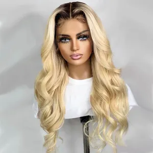 Wholesale Peruvian Hair Cuticle Aligned Human Hair Lace Front Wig Wavy 1bt613 ombre Two Tone blonde Hd Full Lace Frontal Wig