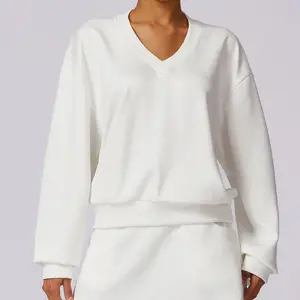 Quantity Gym Shirts OEM Customized Women V Neck Loose Comfort Soft Crop Oversize Running Sweatshirt