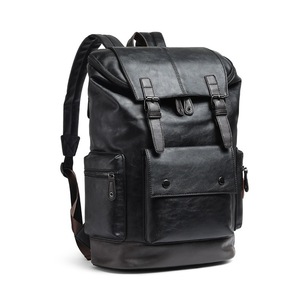 Men's PU Leather <b>Backpack</b> <b>Large</b> Capacity 15.6 Inch Laptop Bag For Travel And School Black Solid Color - Product Image 5