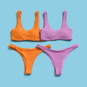 2022 Logo Kustom Musim Panas Berjajar Ganda Pakaian Renang Bertekstur Kain Kerut Peregangan Pakaian Renang Oranye Baju Renang Wanita Bikini Set