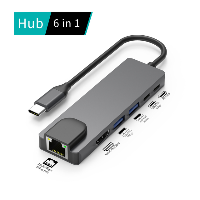 6 in 1 USB C Hub with HDTV 4K30Hz RJ45 Gigabit Ethernet PD 100W USB 3.0 Type C Multiport Adapter for Laptop MacBook PC