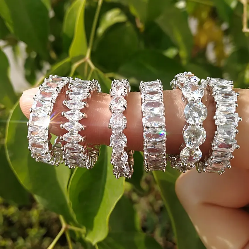 Nuovo sterlina di modo 925 argento bling bling baguette anello di diamanti per le donne