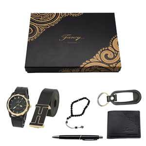 2026 Men's Perfume Gift Set Black Modern 7Pcs Watch Belt Wallet Keychain Corporate Set for Business