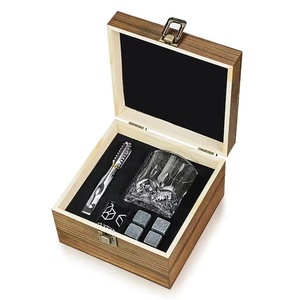 Whiskey Glass Set Wooden Box With Ice Stones And <b>Tongs</b> 19x19x10cm Beverage <b>Serving</b> Set - Product Image 1