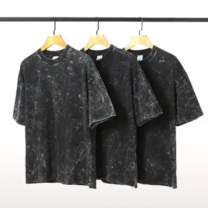 夏季短袖100% 棉复古水洗黑色t恤