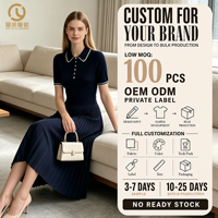 Robe mini trapèze personnalisée bleu marine unie à col polo en maille côtelée pour femme, avec corsage en maille côtelée, jupe plissée, manches courtes et bordure contrastante