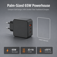 Chargeur GaN 65W ETL FCC KC SAA PSE PD, chargeur 2C+1A à charge rapide, chargeur mural Type C, adaptateur secteur pour téléphone portable et ordinateur portable, Type-C+USB