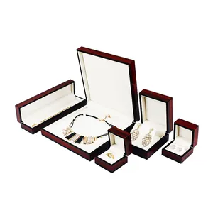 Luxuoso logotipo personalizado, vermelho, madeira veludo de alta qualidade, conjunto de joias, caixa de embalagem, anéis, caixa de presente