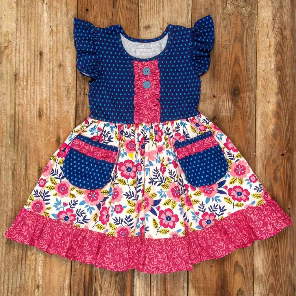 Holiday clothing garments stock blue and pink baby frock ruffle dress wholesale trendy plus size clothing