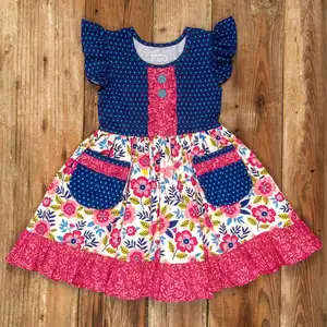 Ropa de vacaciones, stock de ropa azul y rosa, vestido de bebé con volantes, moda de talla grande, venta al por mayor