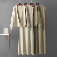Vente en Gros Ensemble Robe Pull Femme Modeste 2 Pièces Col V Pull Maxi Robes Tricotées Longues Élégantes